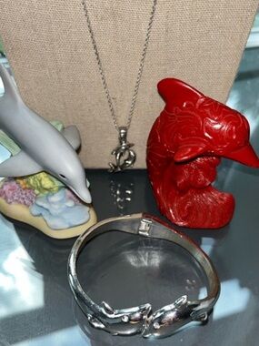 Sterling Silver Double Dolphin Necklace, + Hinged Bangle and Two LENOX Dolphins